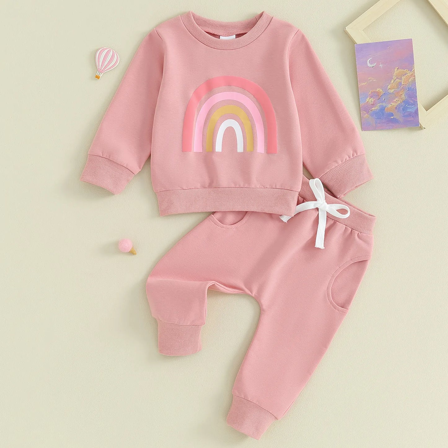 Two pieces Kids Suit Autumn Baby Girls Boys Outfits Cute Rainbow Print Long Sleeve Sweatshirt Top Pants Set For Toddler Clothes