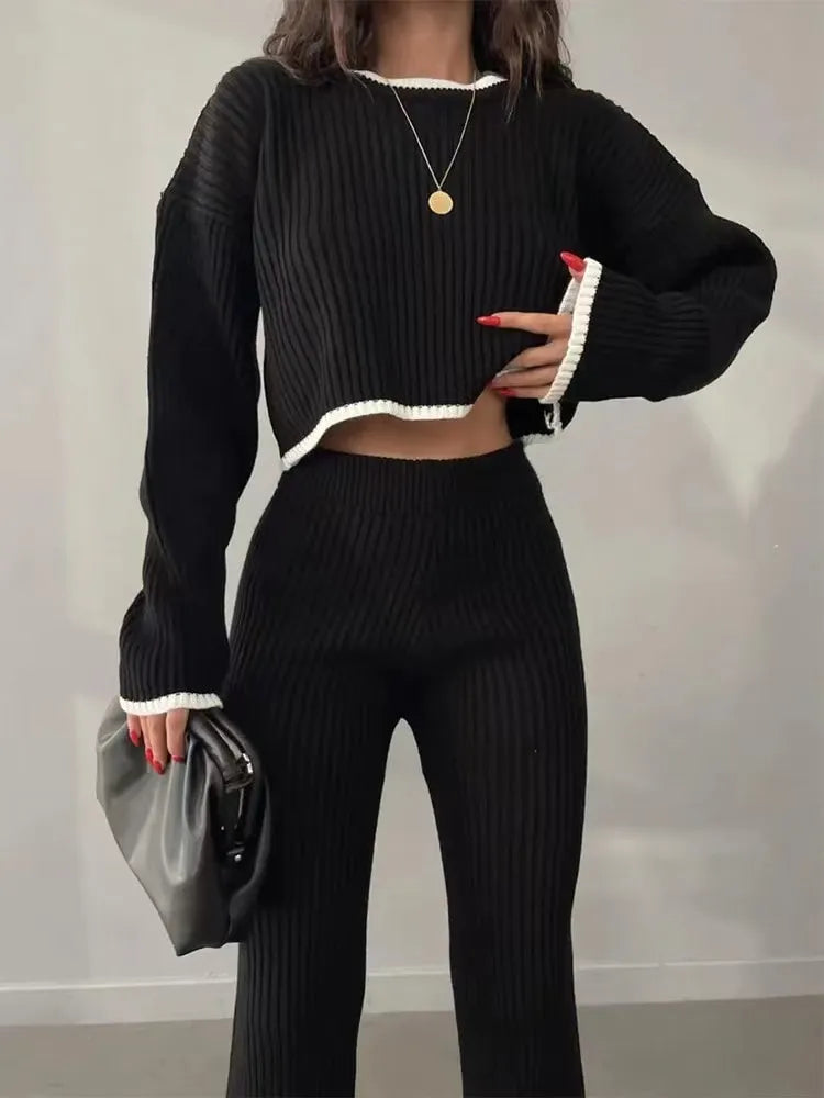 REALEFT Autumn Winter 2 Pieces Women's Oufit Sets Knitted Tracksuit O-Neck Sweater and Wide Leg Jogging Pants Female Suits 2023