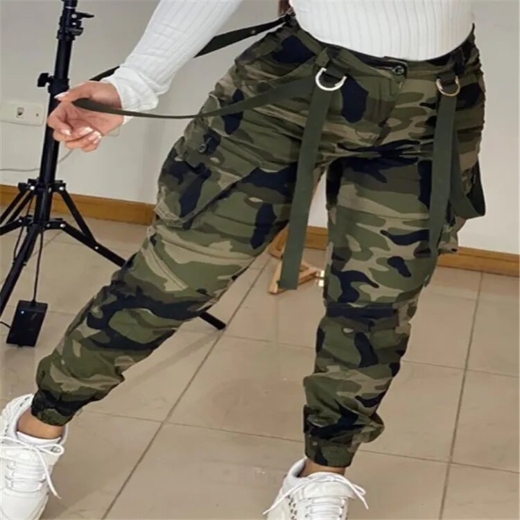 Szkzk Camouflage Printed Cargo Pants For Women Trouser High Waist Overalls With Pockets Party Night Club Outfits Sexy Long Pants