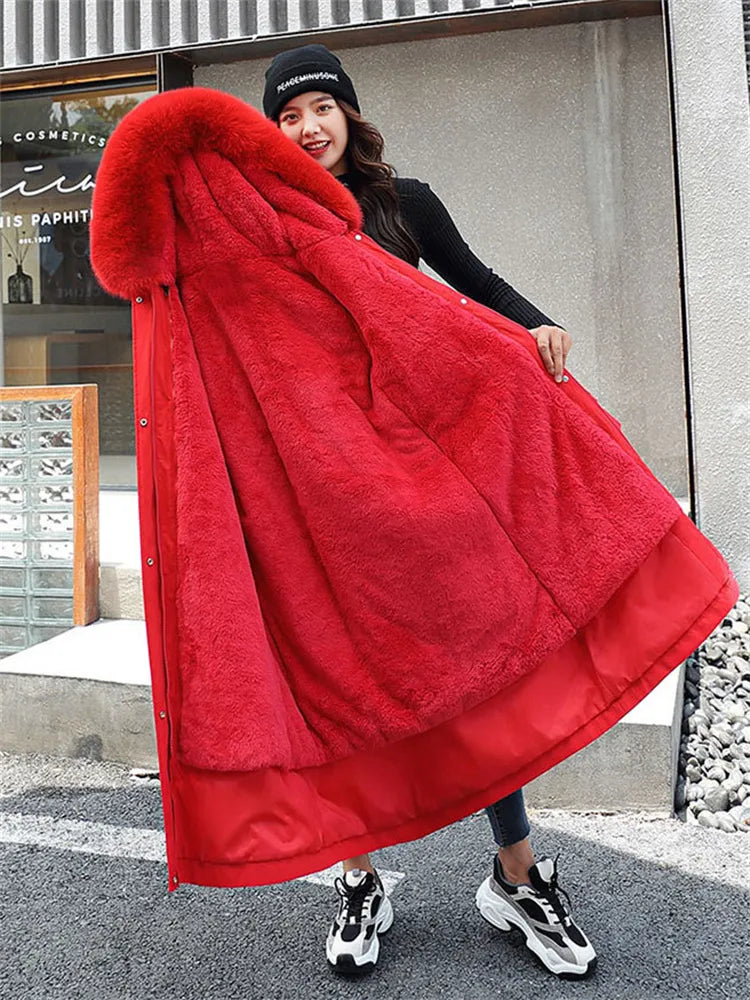 Winter Coat Women Red Add Wool Thick Imitation Mink Fur Collar Hooded Parkas Jackets 2022 New Embroidery Long Knee-length Coats