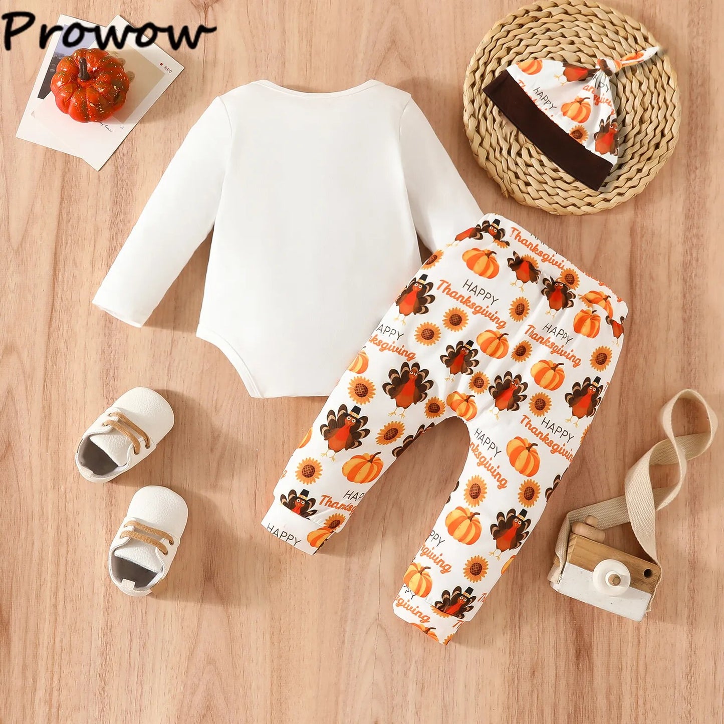 Prowow 0-18M My First Baby Thanksgiving Outfits Letter Romper+Turkey Printed Pants+Hat Baby Thanksgiving Costume Boys Girls