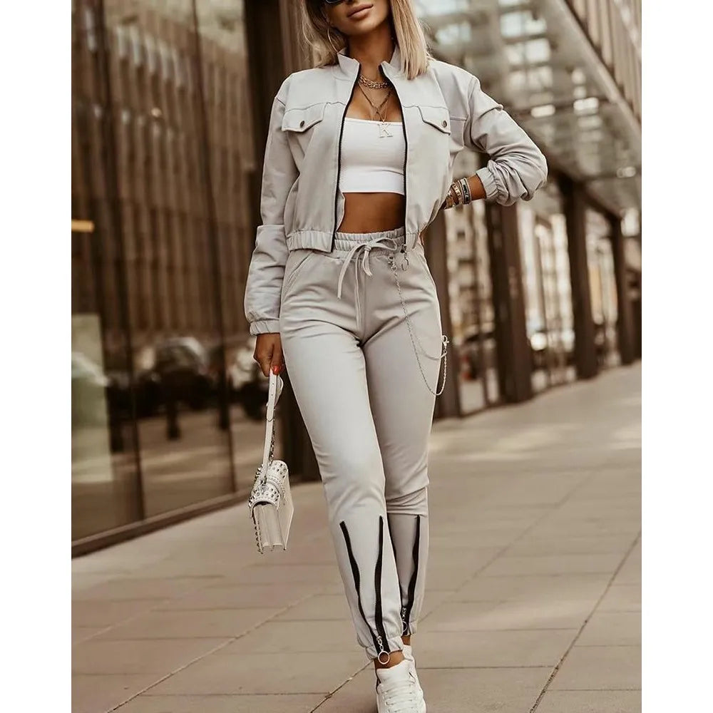 LKF New Sports and Leisure Women's Set Long Sleeved Jacket Drawstring Zippered Leggings Street Style 2-piece Set