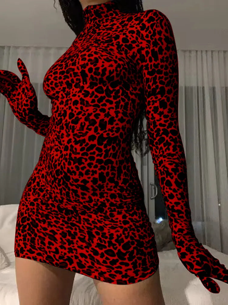 OMSJ Christmas Dress Women 2023 Fall Long Sleeve Leopard Print Skinny Mini Dress With Glove Bodycon Turtleneck Vintage Partywear