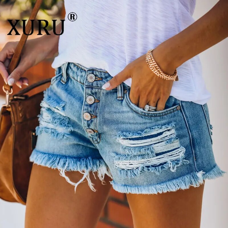 XURU - New Distressed Tassel Jeans Women's Wear, Trendy Shorts Straight Breasted Jeans