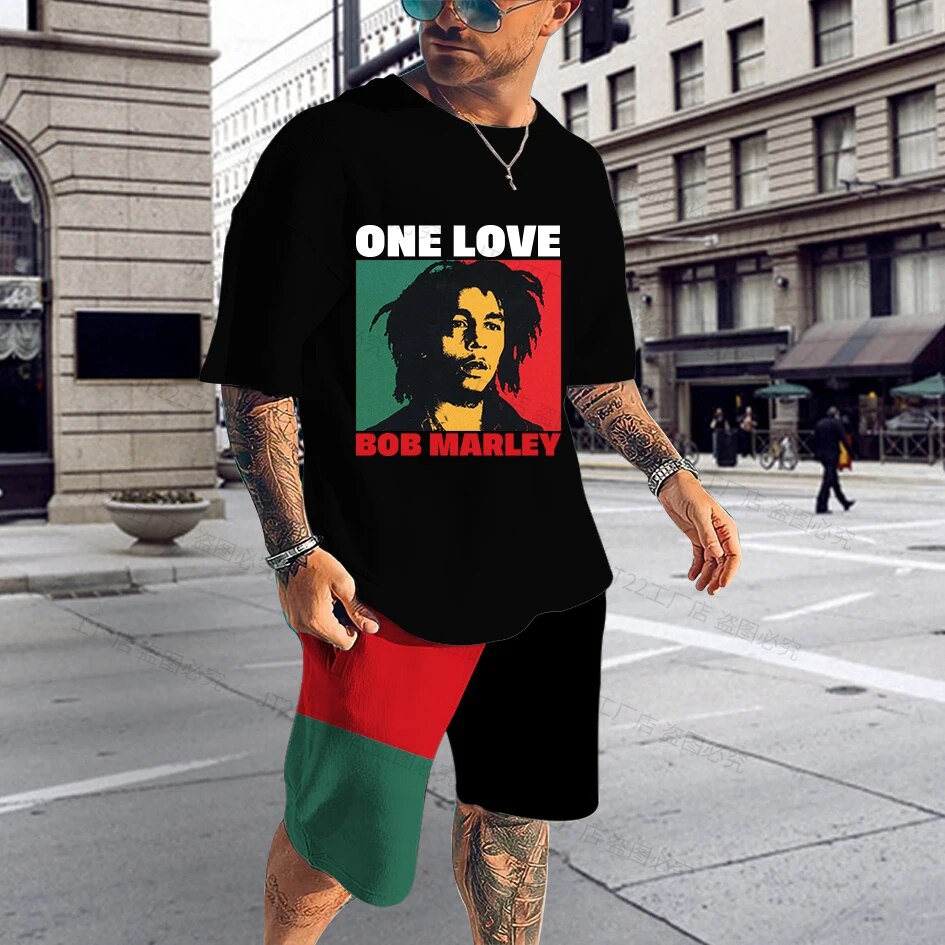 Summer Men's Tracksuit Bob Marley Reggae Music T-Shirt Shorts Set Casual Suit Fashion Outfit Male  One Love