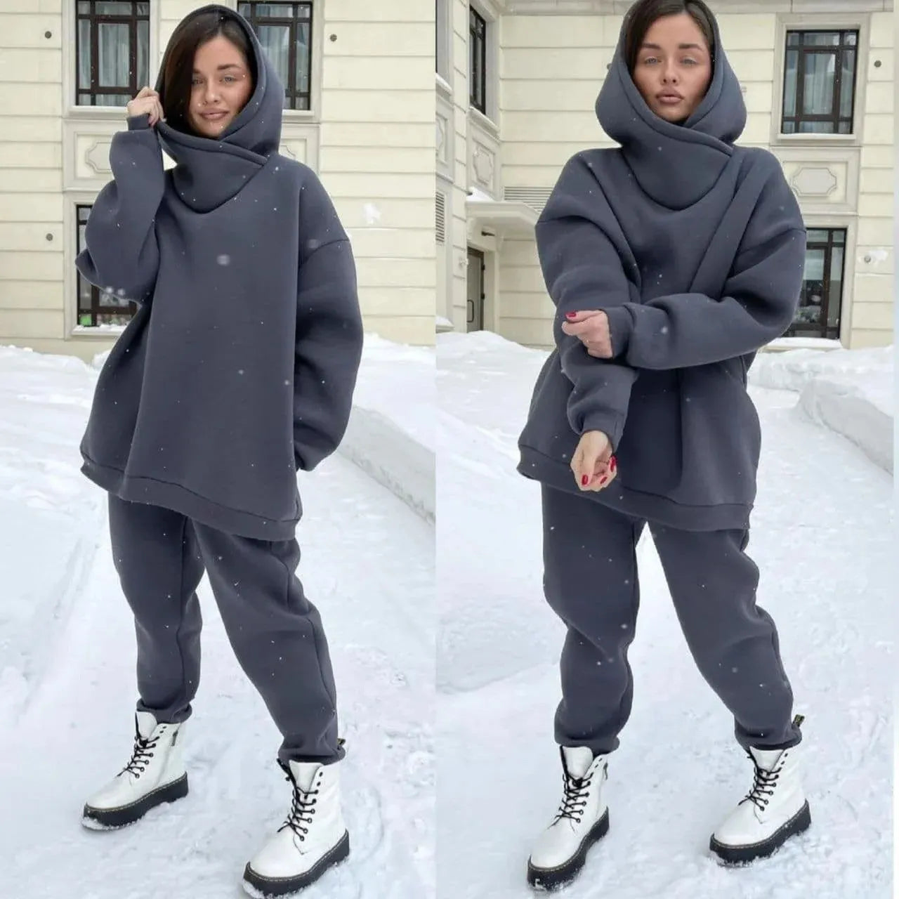 Women Tracksuit 2023 Autumn Winter Warm Solid Fleece Hooded Jogger Pants Two Piece Set Female Casual Oversized Sportswear Suit