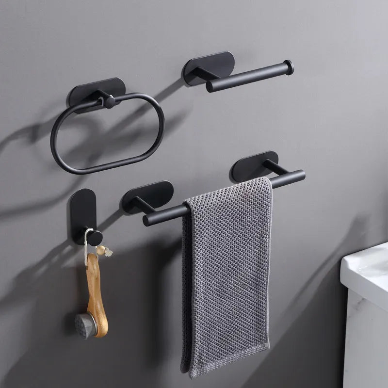 YCRAYS No Drilling SUS304 Black Tissue Paper Box Holder Towel Bar Ring Robe Hook For Bathroom Accessories Bath Hardware Sets