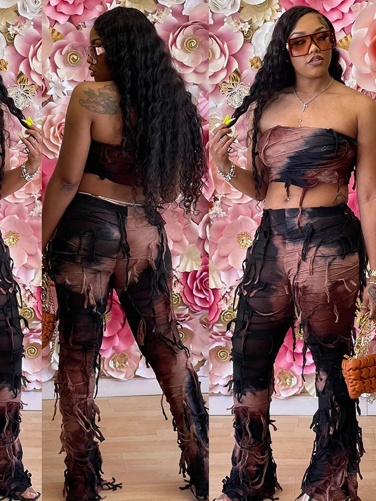 Weird Puss Tie Dye Women 2Piece Set Sexy Backless Crop Tops+Tassel Skinny Pencil Pants Streetwear Y2K Party Matching Outfits