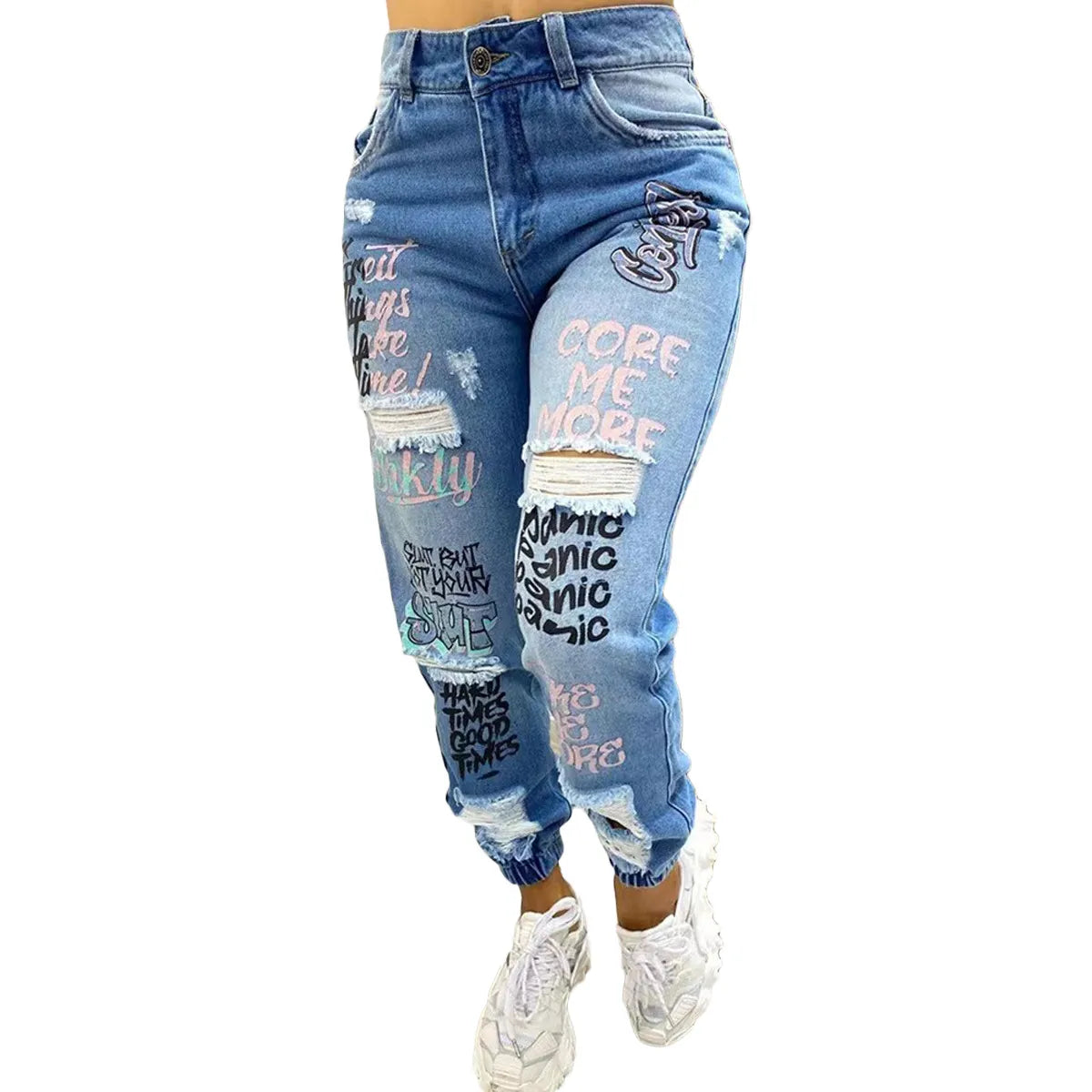 Letter Print Slant Pocket Ripped Jeans Casual Jeans Women