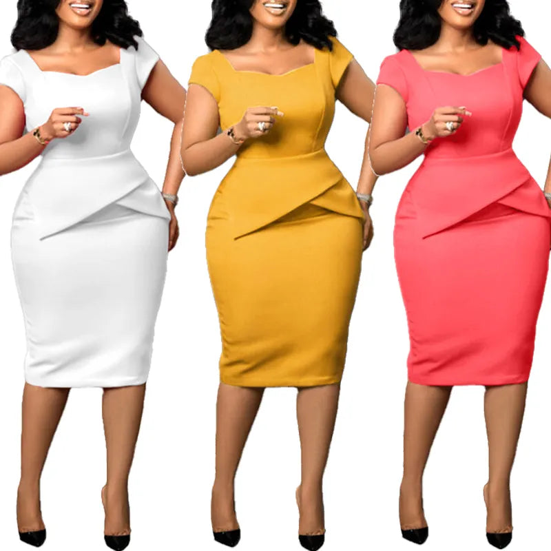 Women Dress 2023 for Church Elegant Ladies Summer Office Wear Casual Dress Bodycon Knee Length Solid Color Peplum Pencil Dress