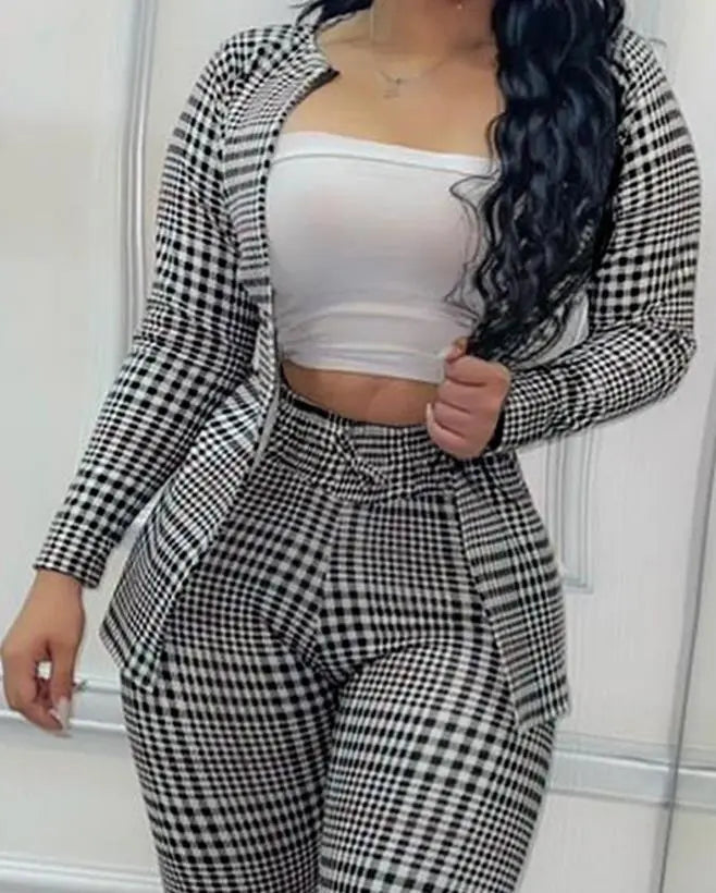 Two Piece Set Women Outfit 2023 Spring Fashion Plaid Print Elegant Long Sleeve Open Front Coat & Tied Detail Skinny Pants Set