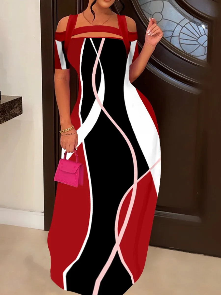 LW Woman Off The Shoulder Geometric Print Loose Dress Casual Social Party Dresses Sexy Print Maxi Dresses