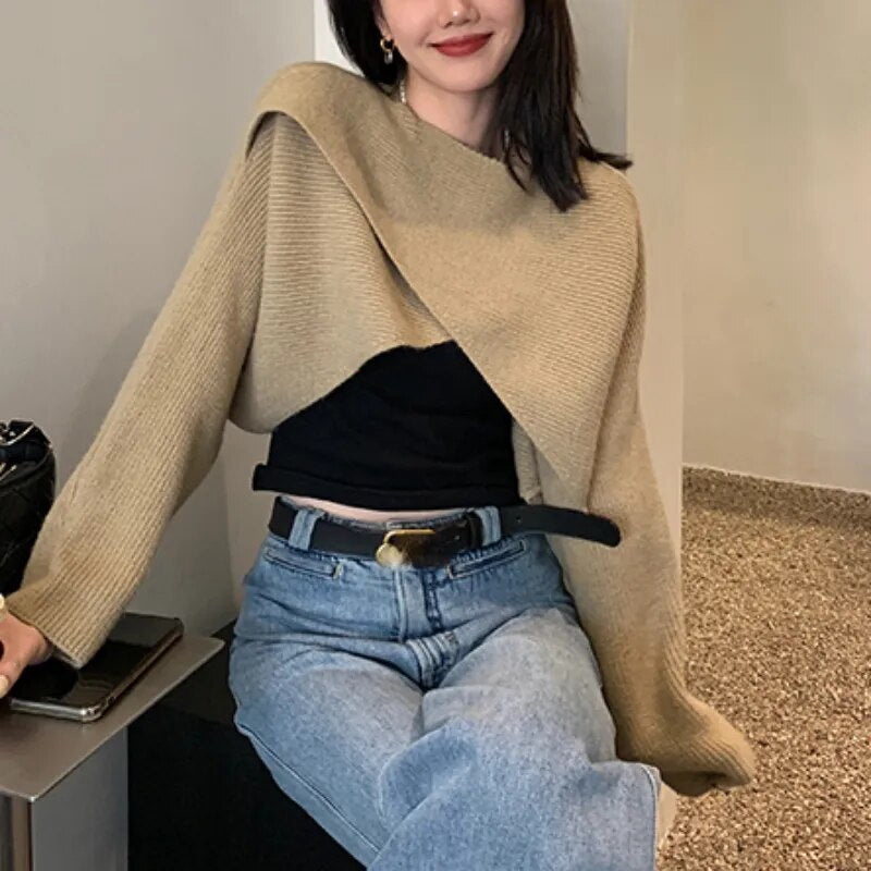 Short Pullovers Sweaters Autumn Winter 2023 Streetwear Knitted Sweater Women's Long Sleeve Cross Irregular Solid Y2K Tops 22933