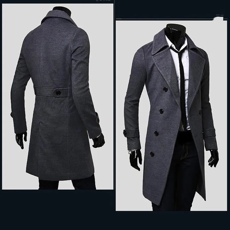 Mens Double Breasted Trench Coat Wool Blend High Quality Brand Fashion Casual Slim Fit Solid Color Mens Clothing Coat Jacket