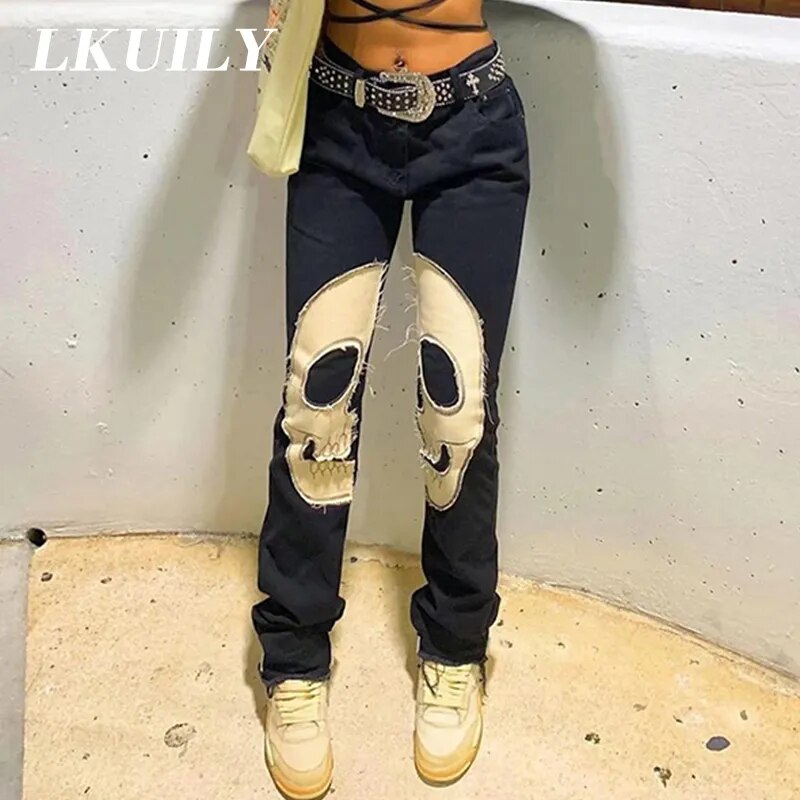 Skull Vintage Printed Jeans Women High Waist Y2K Streetwear 90S Baggy Jeans Pants Denim Trousers Harajuku Cargo Straight Jean