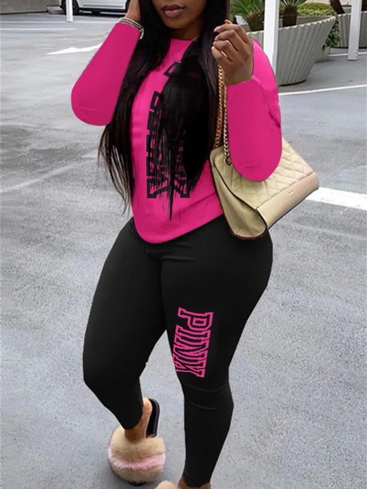 LW Fashion Women Autumn&Winter Pink Letter Print Long Sleeve Hoodies 2 Pieces Casual Track Suits Pants Set