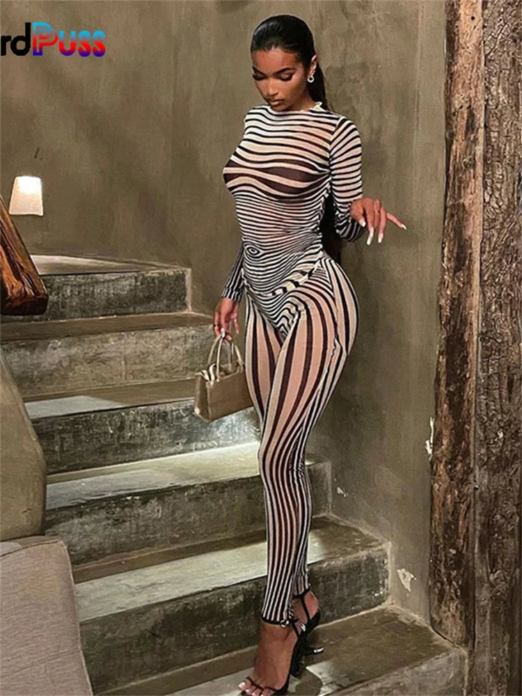 Weird Puss Sexy Mesh Striped 2-Piece Set Women Long Sleeve Crop Top+Skinny Pants Autumn Stretch Matching Trendy Outfit