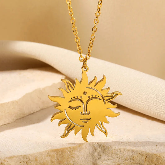 Vintage Sun Moon Necklace For Women Gold Color Stainless Steel Chain Goth Jewelry Best Friend Gifts Free Shipping