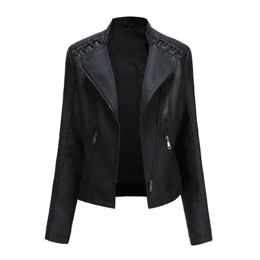 Women Fashion Lace-up Leather Jacket Slim Fit Spring Autumn Motorcycle Zipper Jacket 