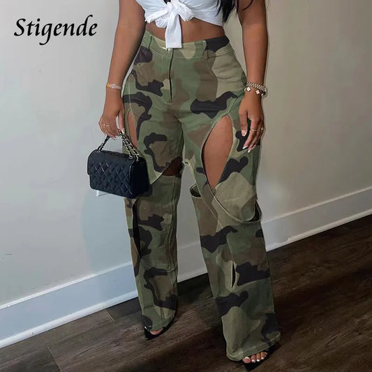 Sexy Hollow Out Camouflage Pants Women Wide Leg Army Green Irregular Trousers Streetwear Casual Pocket Hip Hop Cargo Pants