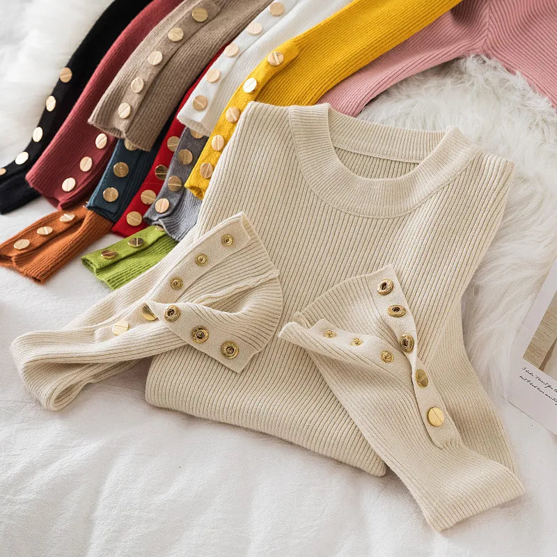 Thick Sweater Long Sleeve Pullover Autumn Winter Clothes Button O Neck Sweater Female Casual Streetwear Knitted Top Soft Jumper