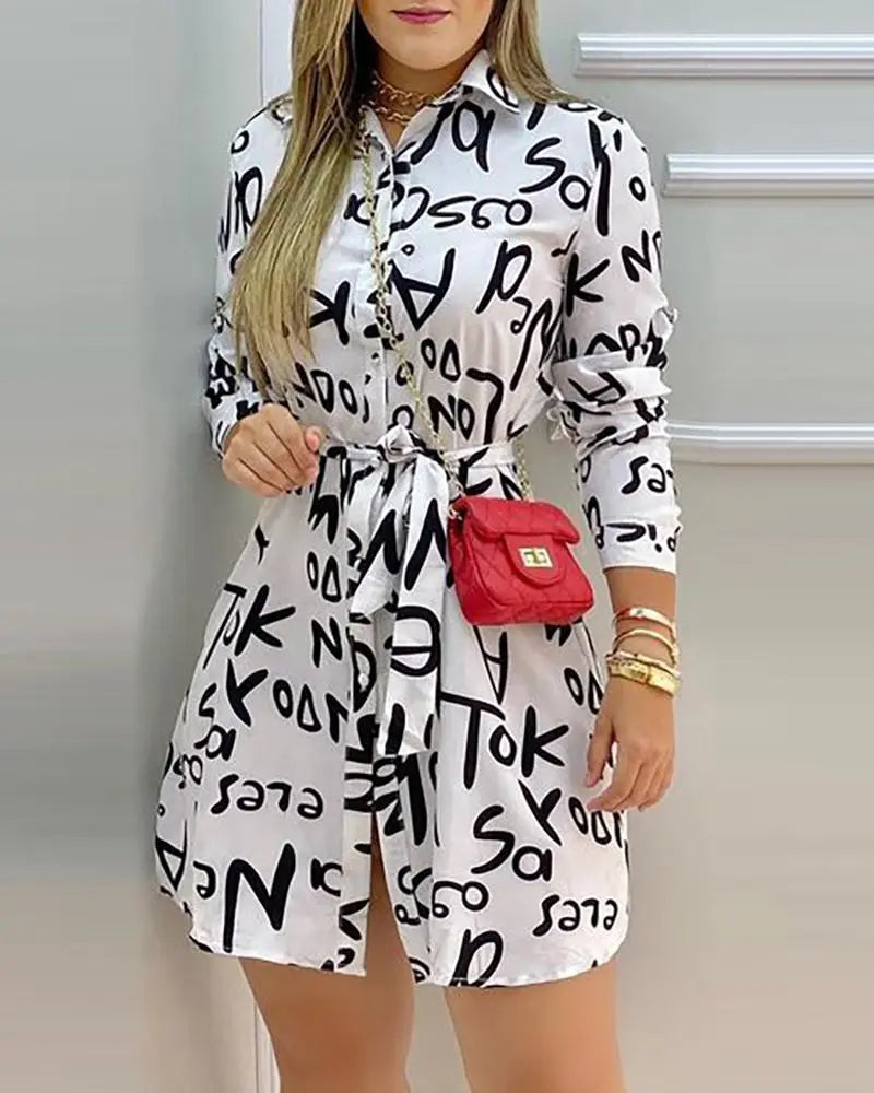 Women Elegant Dress Letter Print Long Sleeve Casual Shirt Dress Summer Vacation Dress 2023 vestidos de fiesta Women Clothing