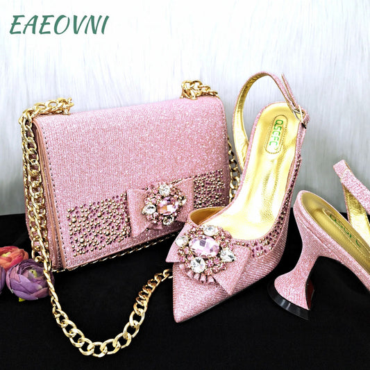 Pink Color Mature Design Pointed Toe Ladies Sandal Shoes and Bag Set Full of Rhinestones For Women Party