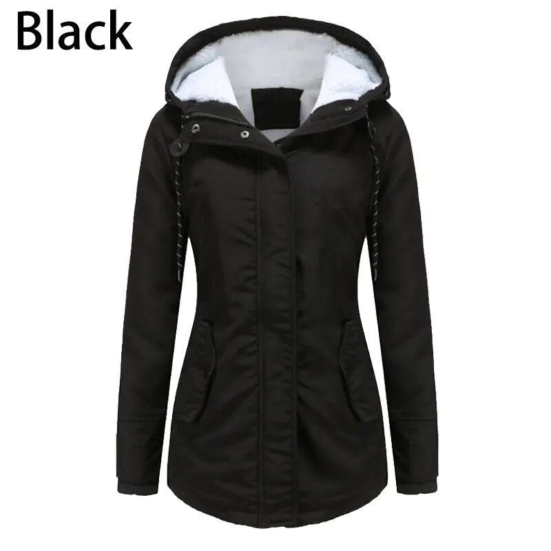 Winter Women's Fleece Warm Parkas Solid PlushThickend Harajuku Hoodies Long Sleeve Cotton Windproof Parka Coat Overcoat