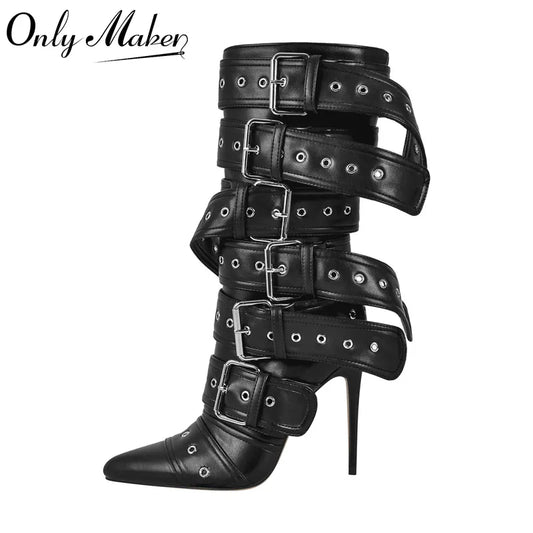 Onlymaker Women Pointed Toe Mid-Calf Boots Buckle Strap Thin High Heel Lady  Zipper Female Thigh High  Stiletto Boots