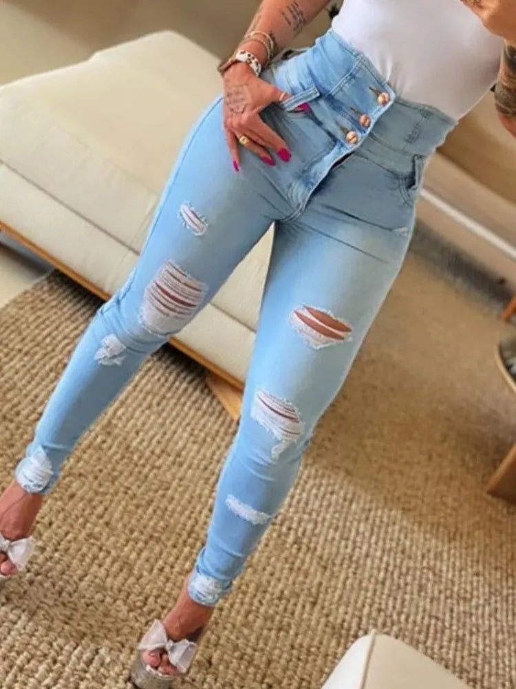 Women's Jeans Trend Autumn 2023 Fashion High Waist Buttoned Cutout Ripped Casual Skinny Plain Pocket Design Daily Jeans