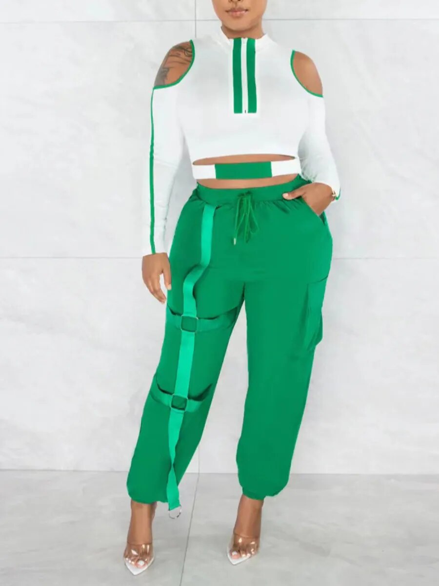 Plus Size Women Color Block Zipper Cut Out Round Neck Cold Shoulder Pierced Drawstring Design Two Piece Suits Pants Set