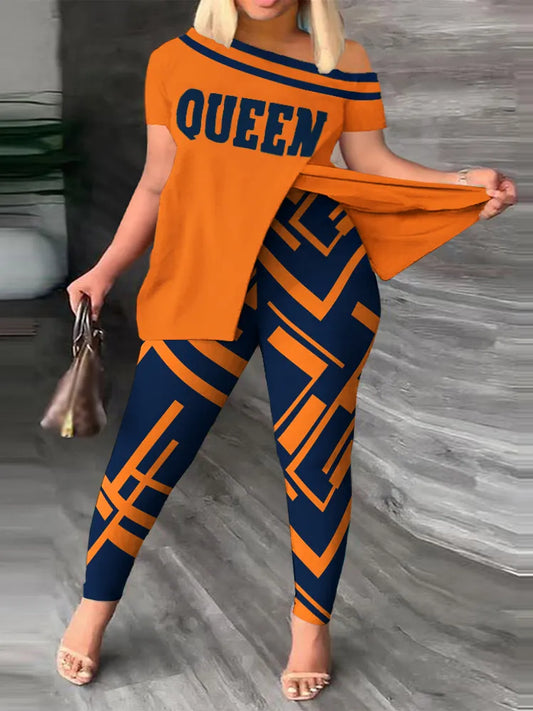 Plus Size Casual Outfits Two Piece Set, Women's Plus Colorblock Letter Print One Shoulder Split Hem Medium Stretch Top & Legging