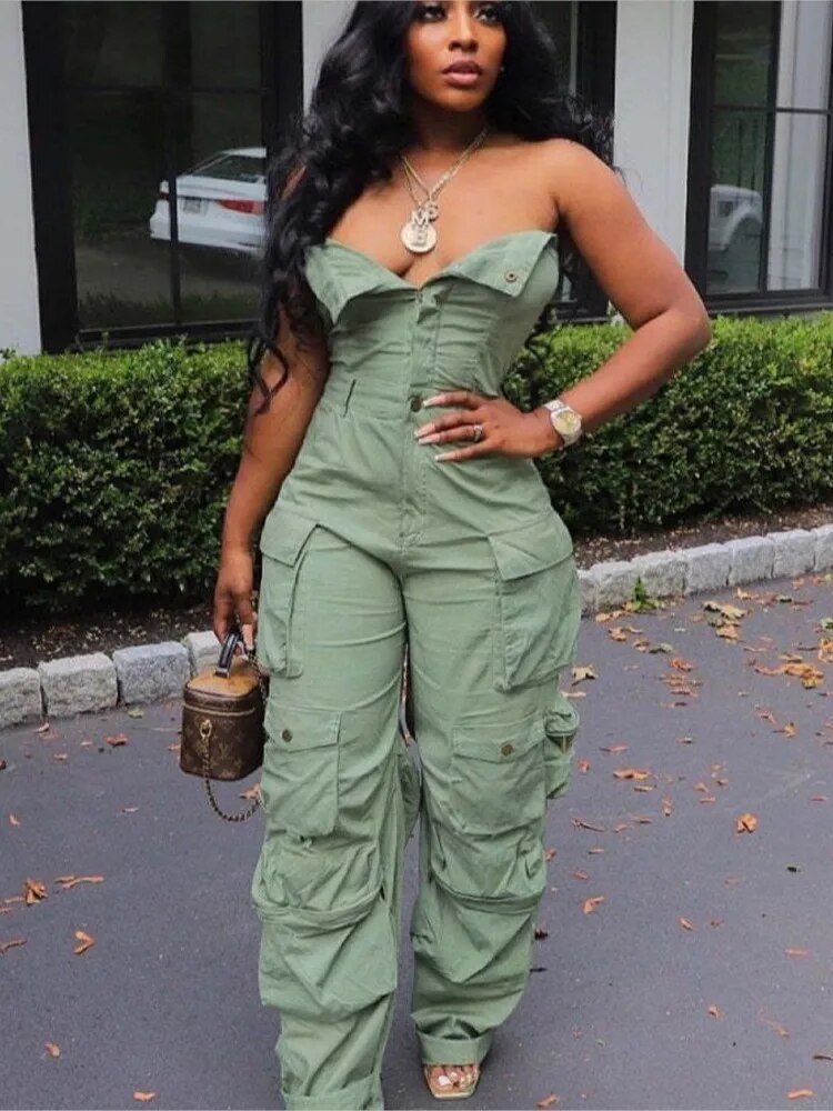 Sexy Strapless Button Front Ruched Cargo Jumpsuit Women With Pocket One Piece Pants 2023 Autumn New High Street Romper Playsuit