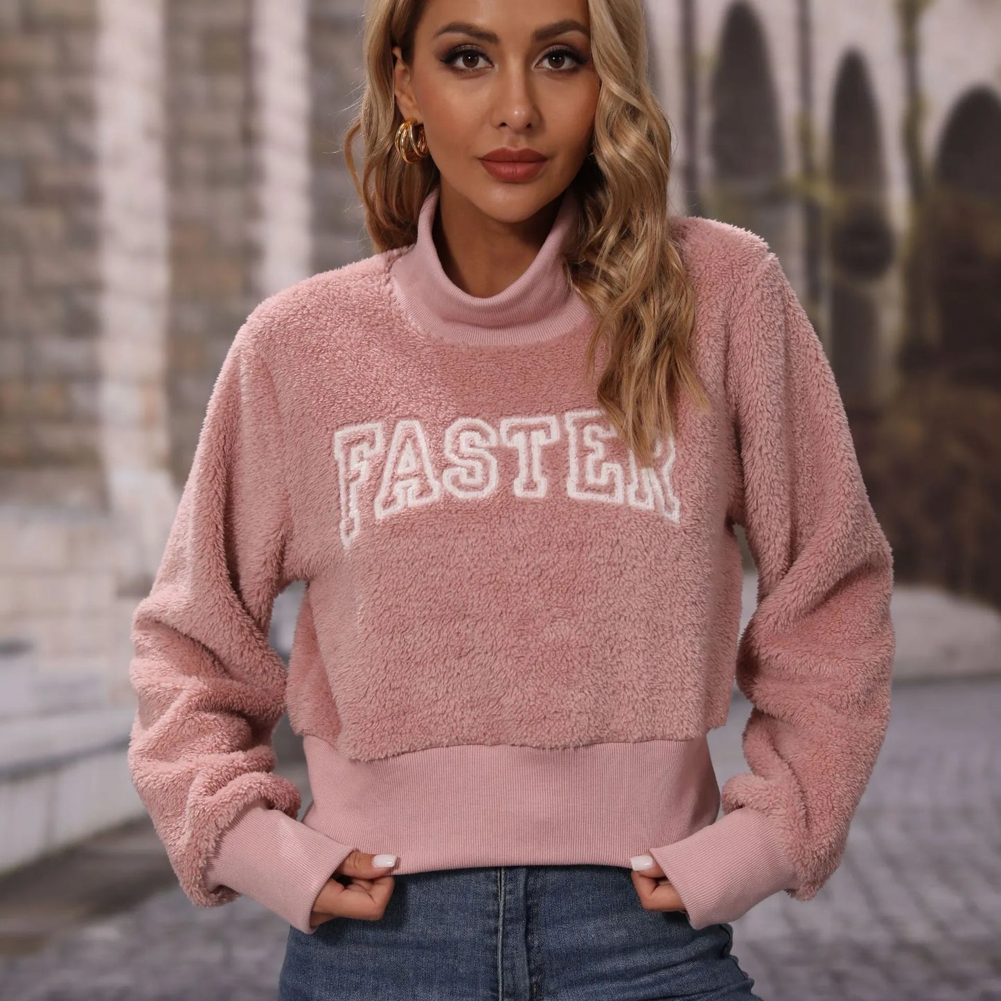 Pink Pullover Women O Neck Long Sleeve Letter Printed Ice Cream Powder Double Faced Velvet Sweater Korean Fashion Winter Clothes