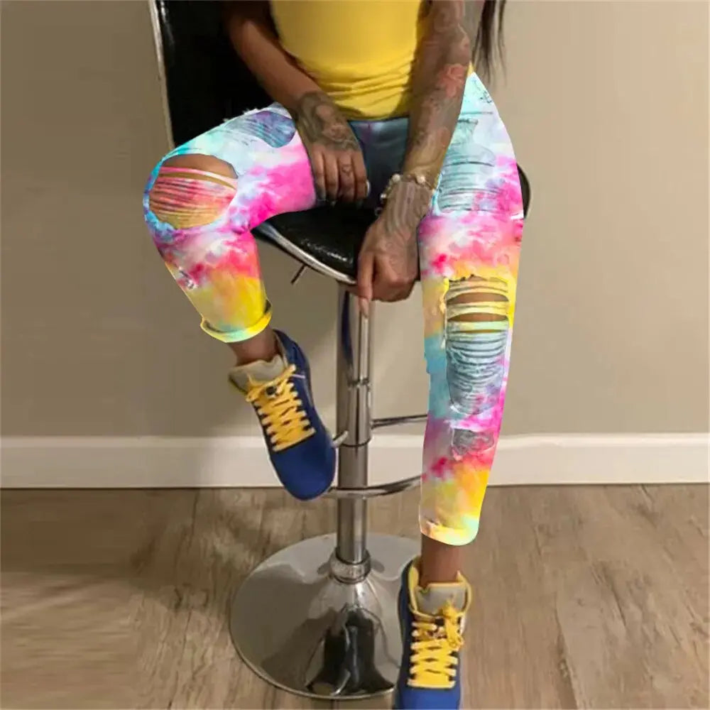 Sexy Ripped Jeans For Women Tie Dye High Waisted Jeans Fashion Clothes For Women Plus Size Jeans Denim Pencil Pants Trouser