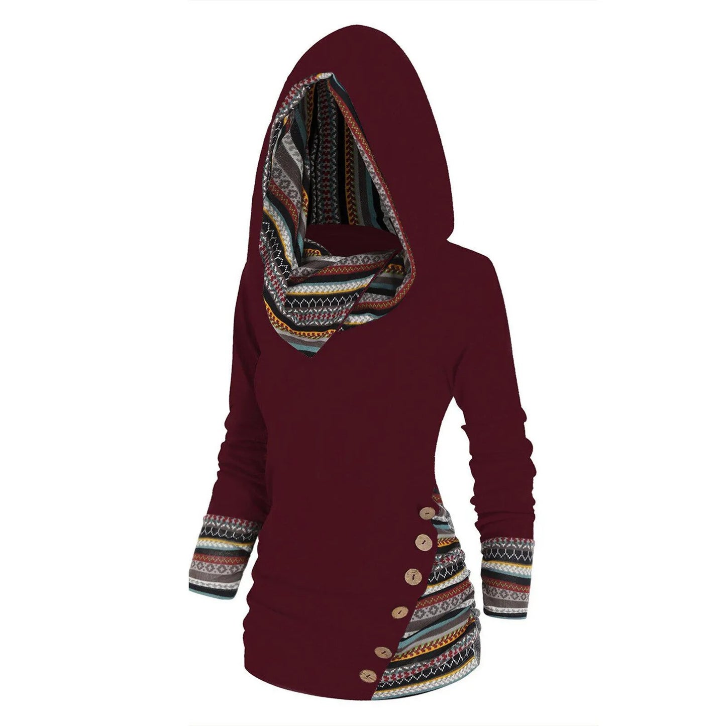 Plus Size Geometric Stripe Panel Hooded Top Long Sleeve Button Top Pullover Tops For Women New Fashion Simple Versatile Clothing