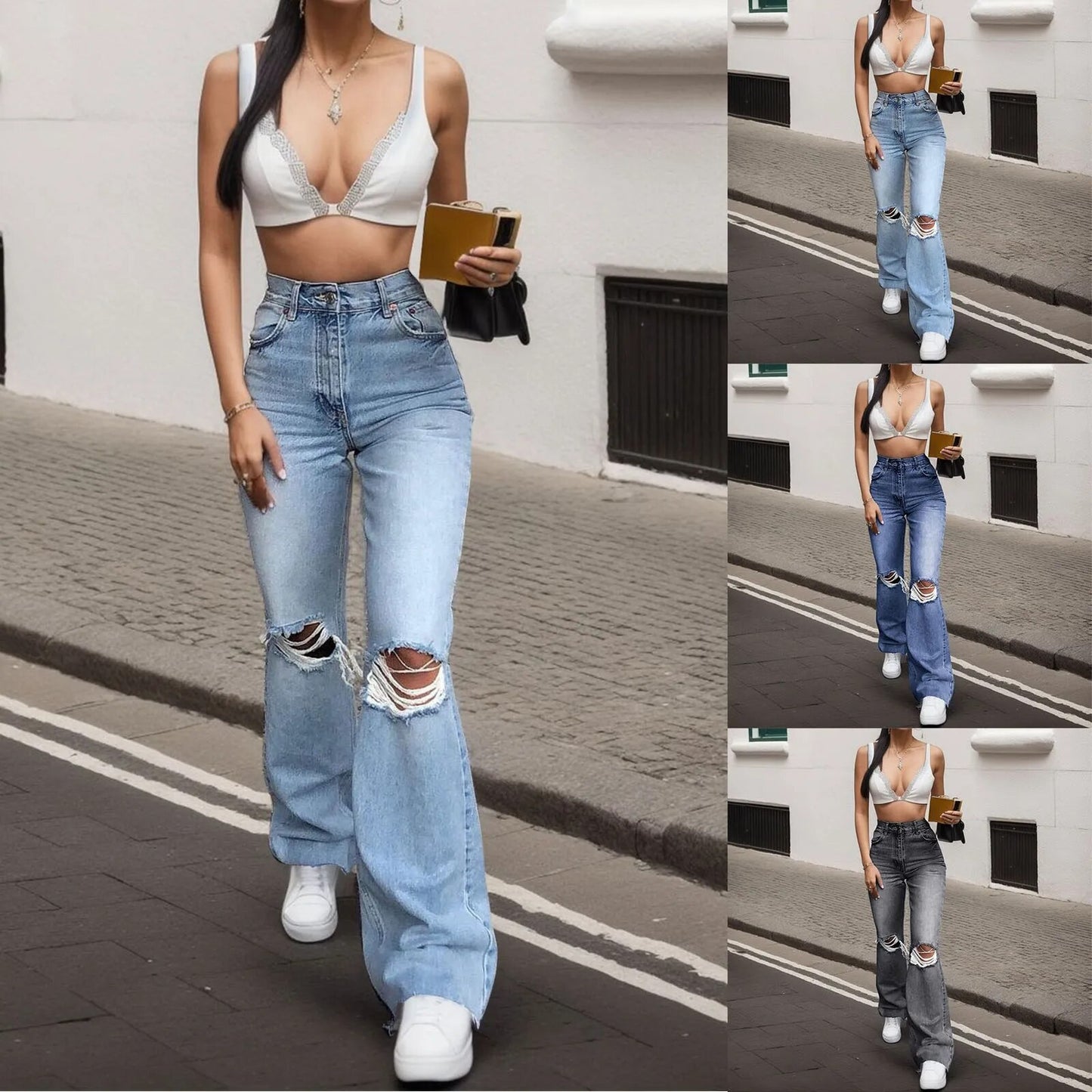 Women Fashion Pants Hole Flare Denim Button Elastic Pocket Waist Stretch Jeans Trousers High Loose Women'S Ripped Sexy Jeans