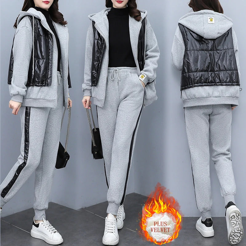 Thick Sweatsuit Women Winter Fake Two Piece Sweatshirt and Pencil Pants Two Piece Set Thick Plus Velvet Outfits L-4XL Clothing