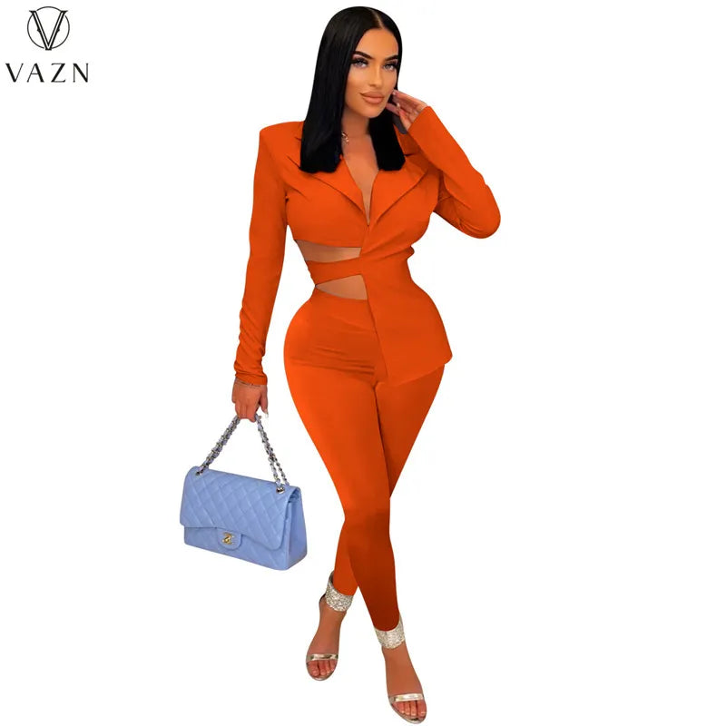 VAZN New 2022 Long Sleeve Lapel Top Elastic Long Pants Pure Color Lady Two Piece Set Fashion Casual Street Style Women Suit