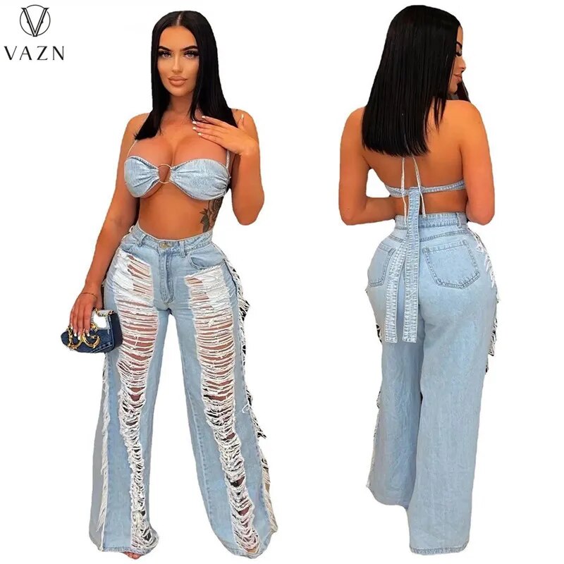 VAZN 2022 Autumn Denim Set Solid Young Sexy Club Bikini Top High-end + Long Hollow Out Wide Leg Pants Slim Women 2 Piece Set