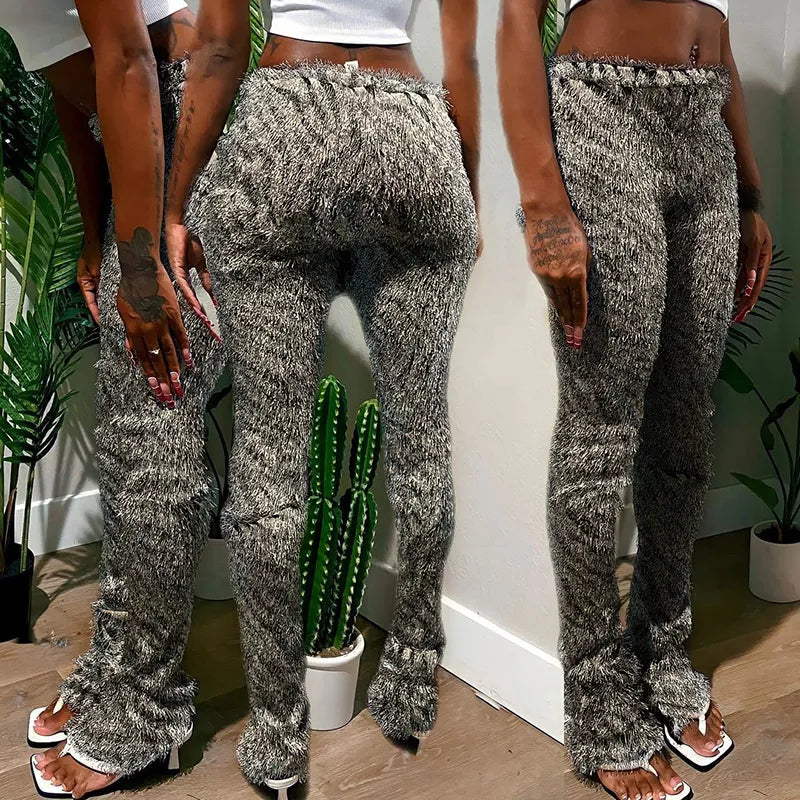 Zebra Striped Knitted Furry High Waist Pants for Women Bottoms Streetwear Fall Winter Fashion Sexy Trousers