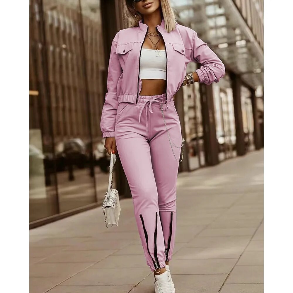 LKF New Sports and Leisure Women's Set Long Sleeved Jacket Drawstring Zippered Leggings Street Style 2-piece Set