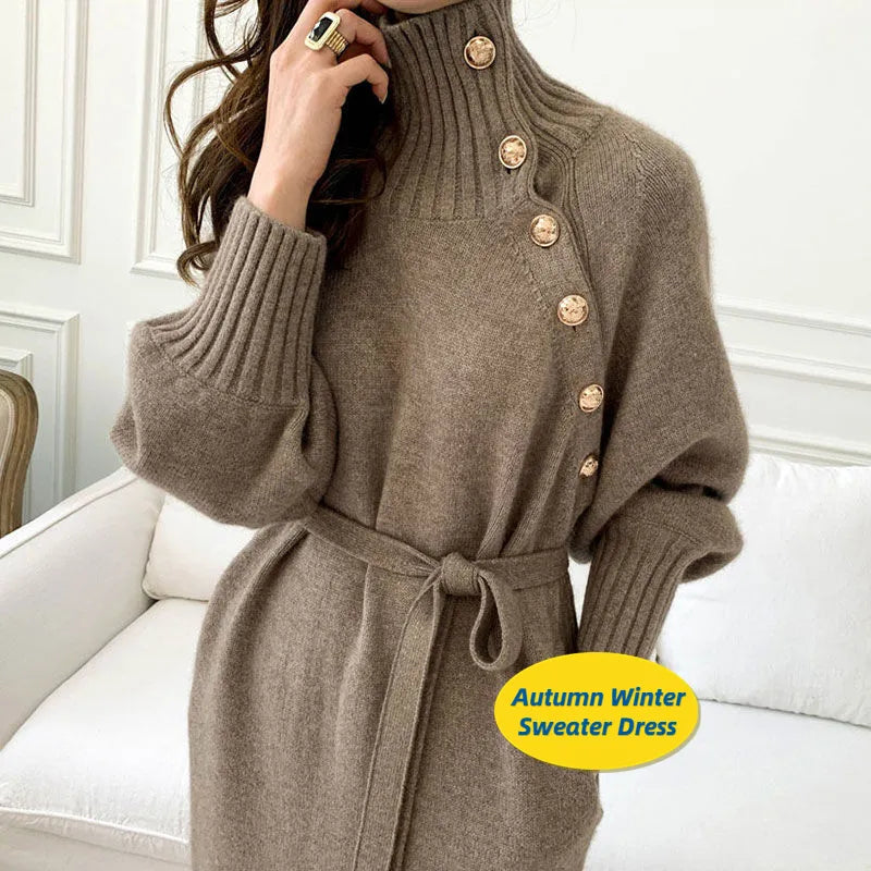 Dresses for Women Turtleneck Sweaters Female Clothing Long Sleeves Belt Pullovers Button Skirts Autumn Winter dress