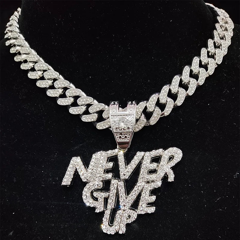 Men Women Hip Hop NEVER GIVE UP Pendant Necklace Crystal Cuban Chain HipHop Iced Out Bling Necklaces Fashion Charm Jewelry necklace