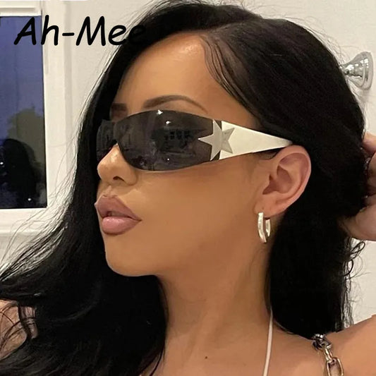 Rimless Punk One Piece Sunglasses Women Goggle New Luxury Brand Shades Sun Glasses Female Five Star Wrap Around Eyewear