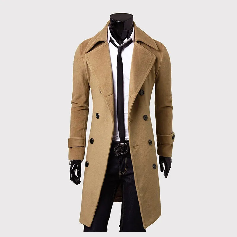 Mens Double Breasted Trench Coat Wool Blend High Quality Brand Fashion Casual Slim Fit Solid Color Mens Clothing Coat Jacket