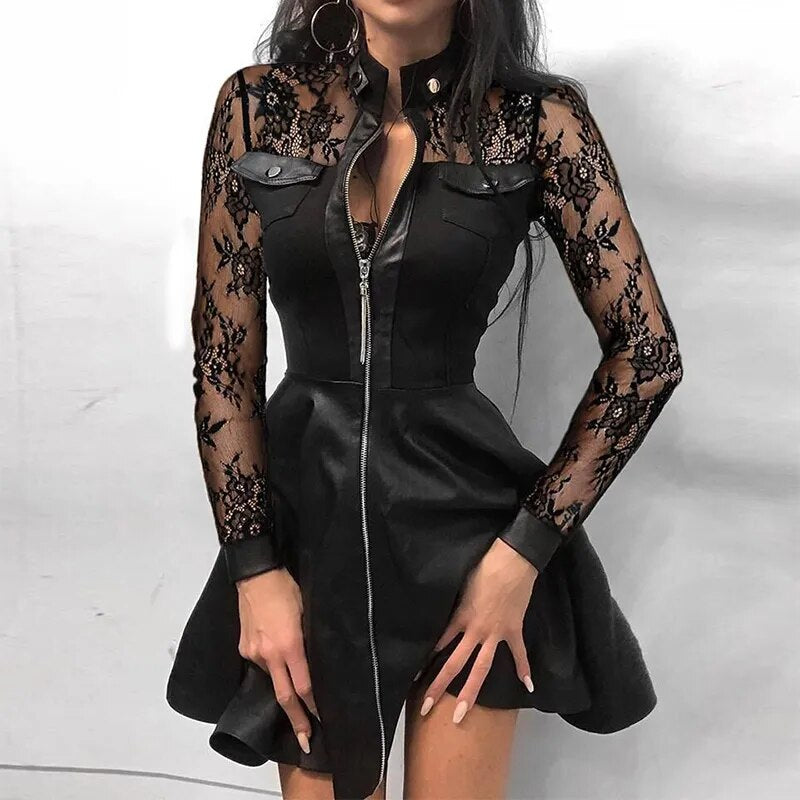 Women's Dress Sexy Lace Mesh Long Sleeve Patchwork Stand Neck Party Dress Elegant Office Zipper Pockets PU Leather Mini Dress