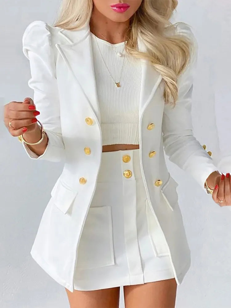 New Lady Office Solid Color Puff Sleeve Suit + High Waist Button Skirt Two-Piece Set Women Spring Fashion Blazer Commute Outfits