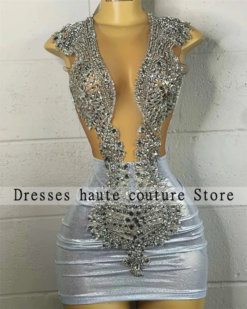 Sexy Silver Mini Cocktail Dresse 2023 For Black Girls Sparkly Beaded Crystal Short Prom  Dresses Illusion Party Gowns