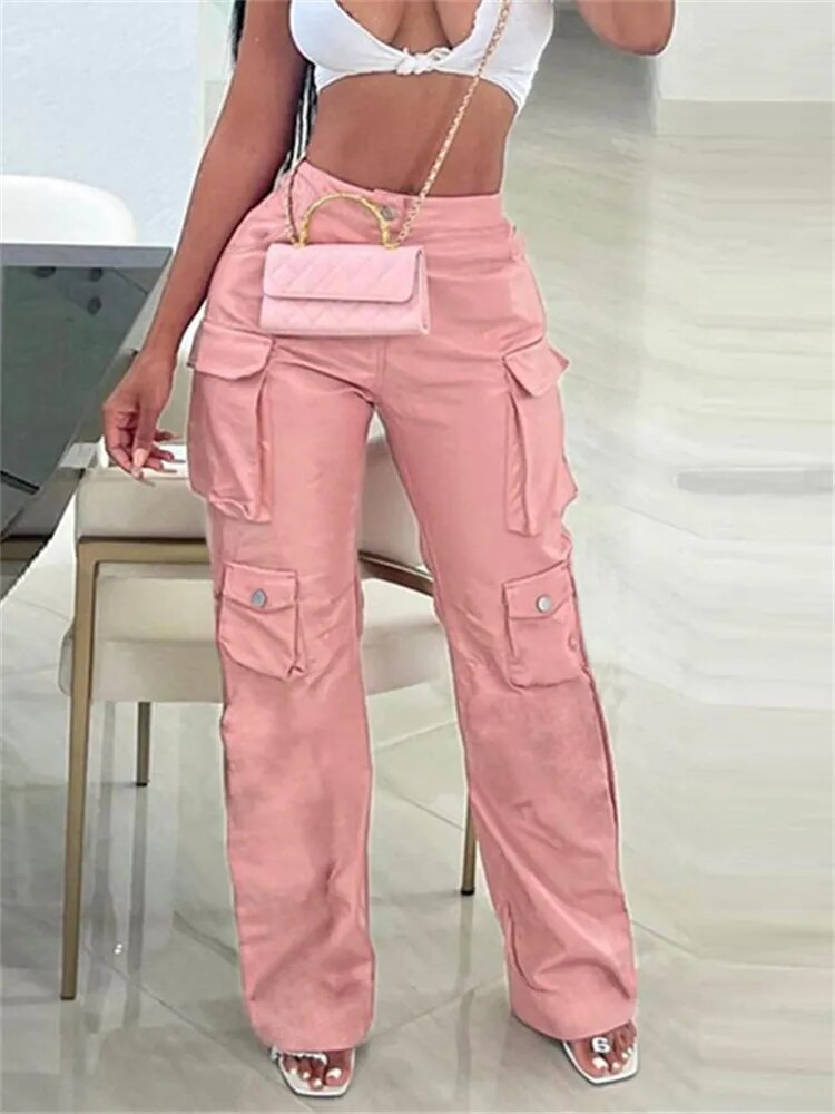 Simenual Fairy Pink Pu Faux Leather High Waist Long Pants Women Casual Streetwear Bottoms Chic Pockets Straight Trousers Y2K New